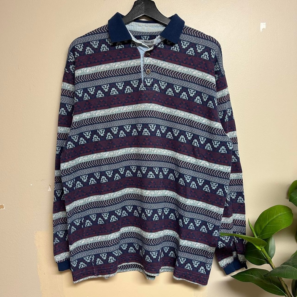 Nine Twenty East Vintage 90s Aztec All Over Print Polo Rugby Shirt Mens L Navy